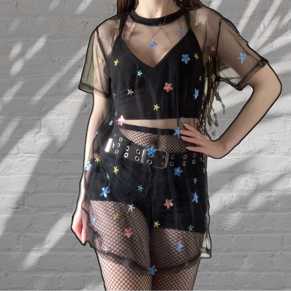NEW BEAUTIFUL RARE CELESTIAL STAR EMBROIDERY BLACK MESH DRESS - Picture 5 of 15